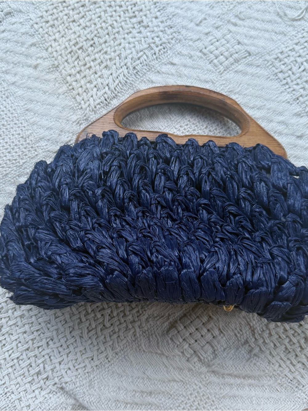 Vintage Blue Raffia Straw Purse Basket Weave Wood Handle Made in Japan Bohemian